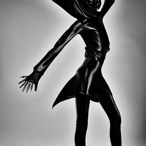 Image similar to fashion photography of a genderless alien model, full body, futuristic dark fashion, photo 3 5 mm leica, hyperdetail, berghain, 8 k, very detailed, black and white