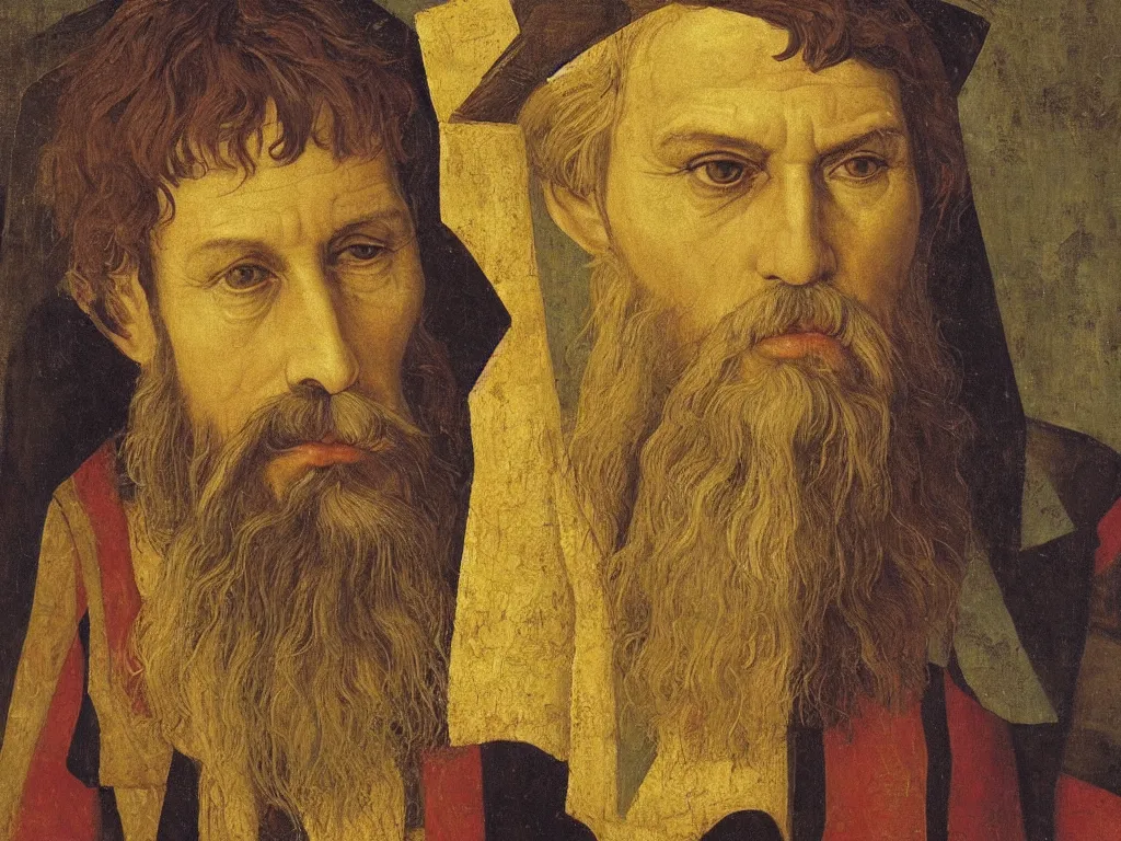 Prompt: close up portrait of hiram keller as medieval poet andrei rublev, painted by andrey remnev