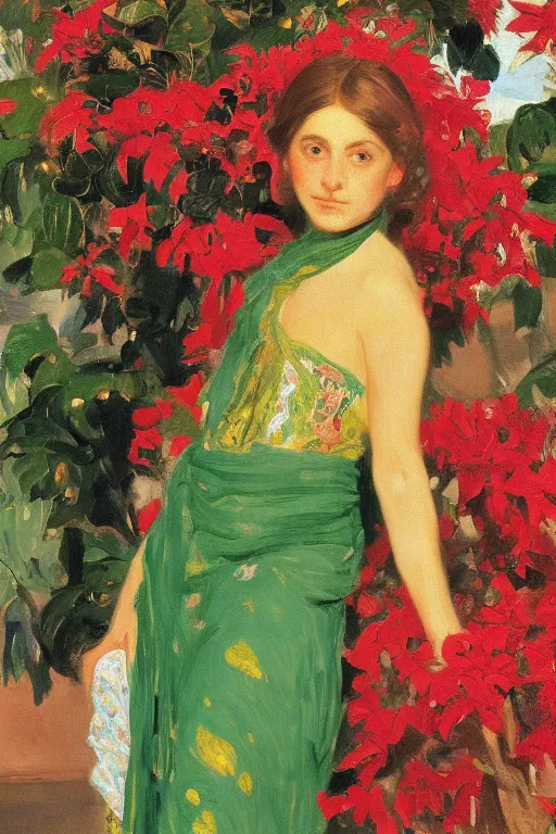 Image similar to a girl with arabesque red and green and golden detailed scarf near bougainvillea and mexican palms, persian carpet, painting by john singer sargent