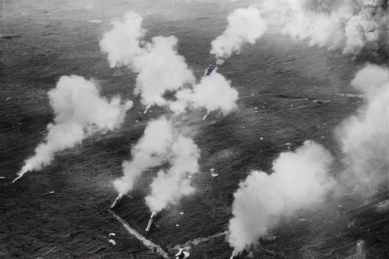 Prompt: world war 1 trench battle, puffs of smoke, aerial view, long visible trenches, high res, 120 black and white film