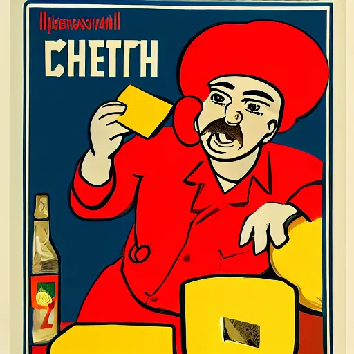 Image similar to a soviet propaganda poster about cheese, the hero of the proletariat