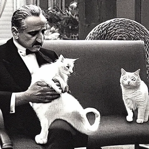 Image similar to the godfather surrounded by cats
