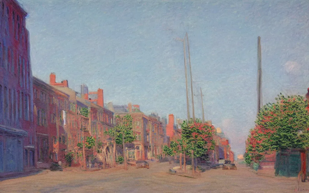 Prompt: photograph of guernsey street in greenpoint brooklyn, oil painting by monet, pastel color palette