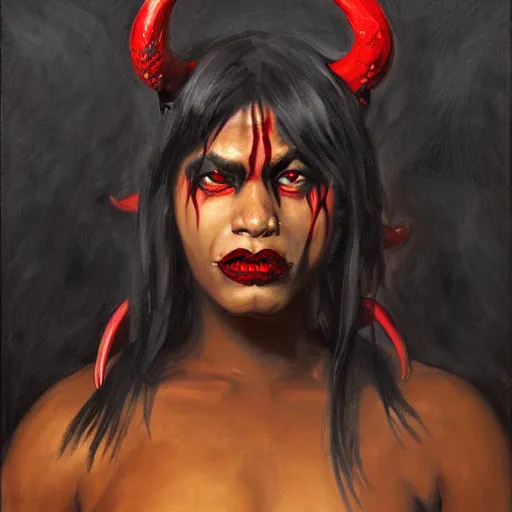 Image similar to painted portrait of an intimidating demon girl dressed in black, with ram horns and red skin. oil painting, fantasy art by greg retkowski and john singer sargent, character design