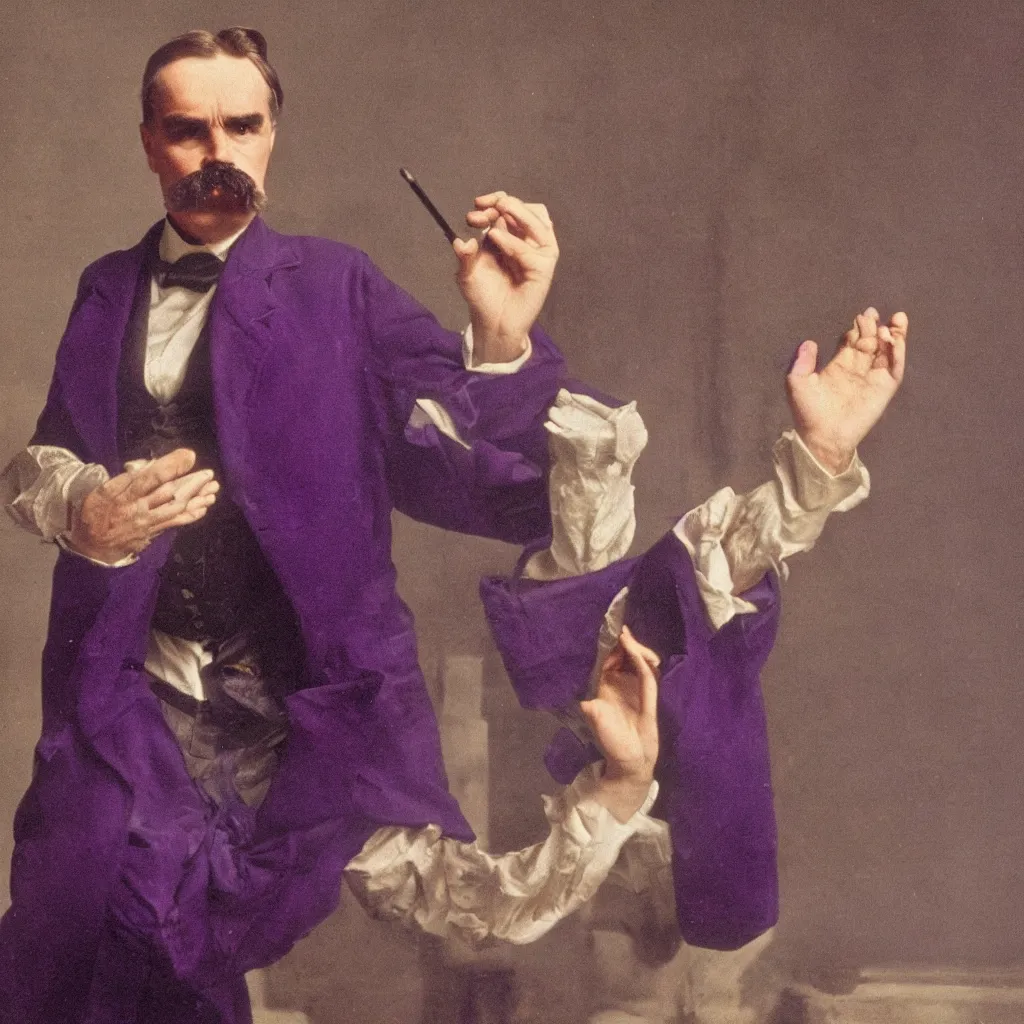 Prompt: Friedrich Nietzsche recording a tiktok dance video, purple mustache, dramatic lighting, photorealistic