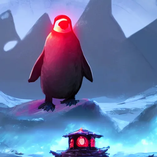 Image similar to penguin that has red glowing eyes in front of a green glowing tower in the background, guild wars 2 art style