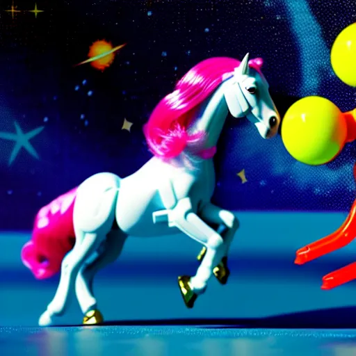 Image similar to a plastic horse toy is dancing on astronaut, concept art, fantasia photo