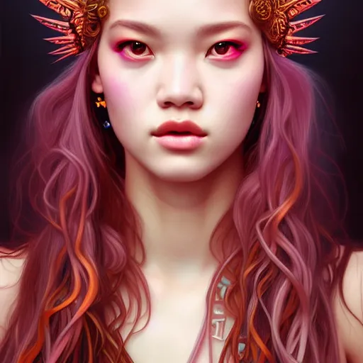 Image similar to portrait of jossi of blackpink, goddess of hell, highly detailed, digital painting, smooth, sharp focus, illustration, ultra realistic, 8 k, art by artgerm and alphonse mucha