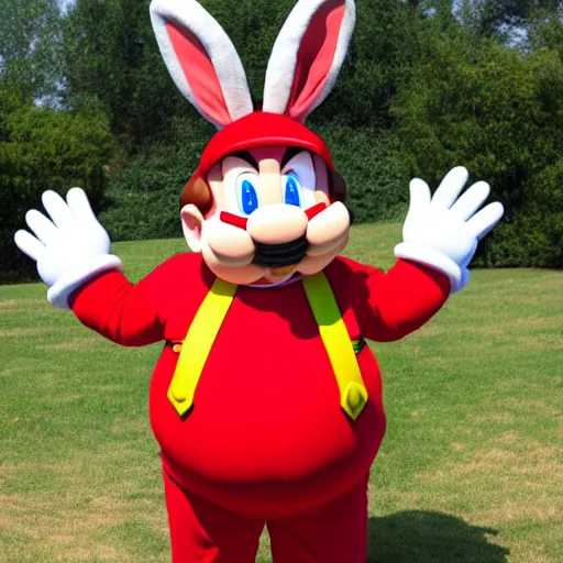 Image similar to real life big chungus dressed like mario, super mario with bunny ears, big chungus, fat bugs bunny, high resolution photo