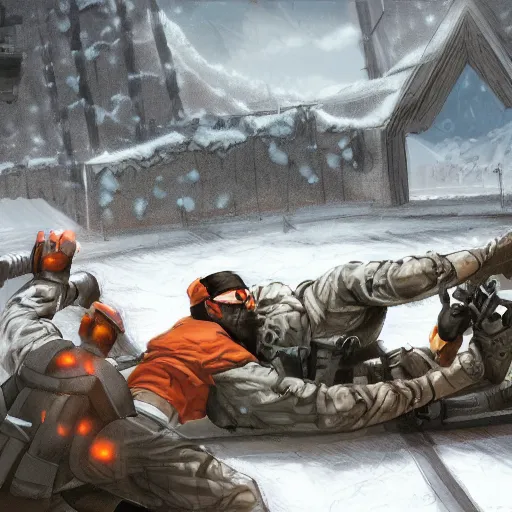 Image similar to Solid Snake and Gordon Freeman fight on an abandoned military base, winter, very detailed, hyper realism, epic, close-up fight, digital art, concept art, illustration, artstation, cgi, 4k