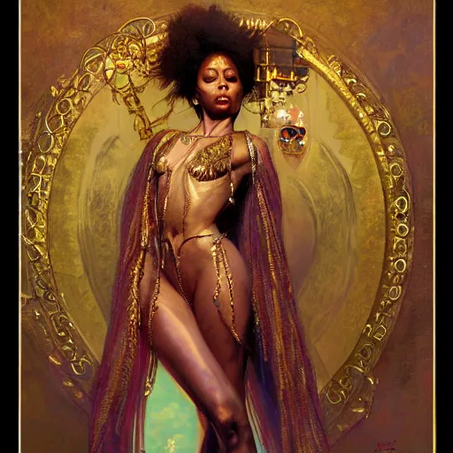 Image similar to Erykah Badu as a golden goddess , A stunning masterpiece, by Stanley Artgerm Lau, greg rutkowski, Thomas kindkade, alphonse mucha, loish, norman Rockwel