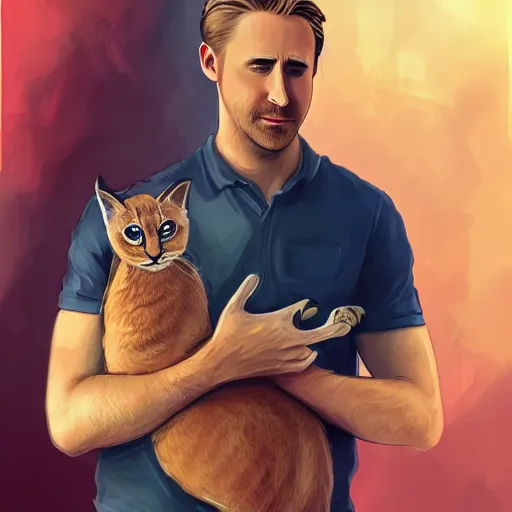 Image similar to Ryan Gosling holds a caracal cat in his hands, ultra highly detailed, smooth, sharp focus, digital art, digital painting, fan art, elegant, artstation