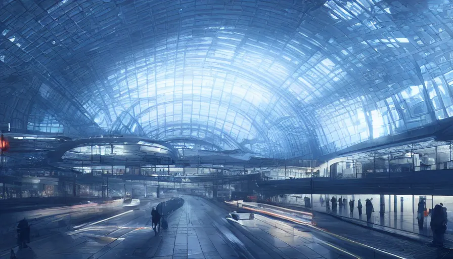 Image similar to futuristic liege, belgium with white dome train station with blue lights, volumetric light, hyperdetailed, artstation, cgsociety, 8 k