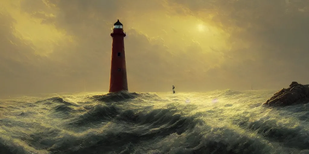 Prompt: A beautiful painting of a singular lighthouse, shining its light across a tumultuous sea of blood by greg rutkowski and thomas kinkade, Trending on artstation, yellow color scheme