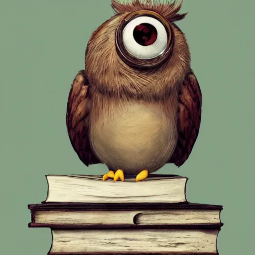 Image similar to long shot of a very cute plushy owl with eyelids half cloed sitting on a pile of antique books, by esao andrews, by pixar, humorous illustration, hyperrealistic, big depth of field, fresh colors, dim light, 3 d octane render conceptart, 4 k, hyperdetailed, trending on artstation