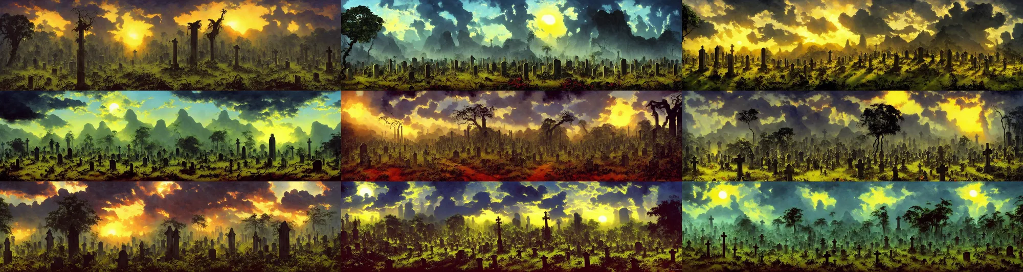 Prompt: jungle vines, big graveyard gravestones, dramatic sky, ground broken, backlight, dramatic sunrise, oil painting landscape by frazetta