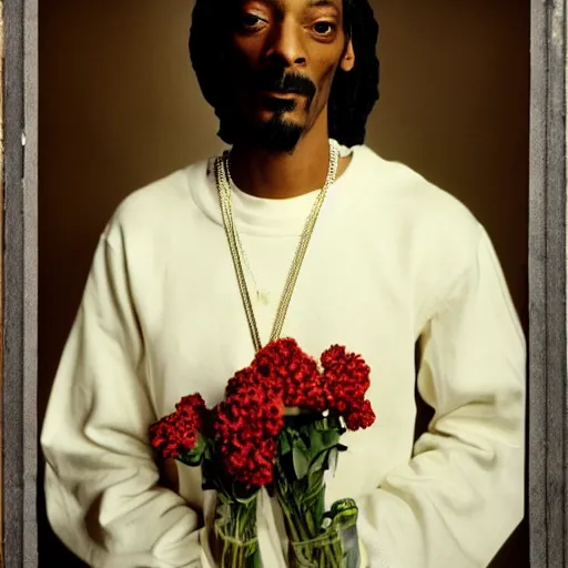 Image similar to Snoop Dogg holding a Vase of flowers for a 1990s sitcom tv show, in style of Julia Margaret Cameron, Studio Photograph, portrait, C 12.0