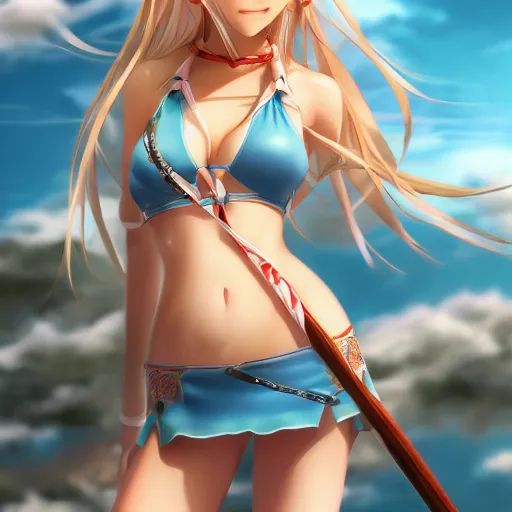 Image similar to a very beautiful mature yuuki asuna, full body, long wavy blond hair, sky blue eyes, full round face, bikini, miniskirt, front view, mid - shot, highly detailed, cinematic wallpaper by stanley artgerm lau