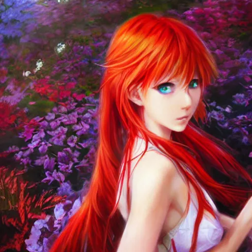Prompt: asuka langley soryu wandering a garden by raymond swanland, highly detailed