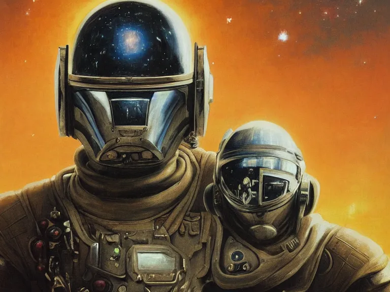 Prompt: a detailed profile oil painting of a lone bounty hunter in space armour and visor, cinematic sci-fi poster. technology flight suit, bounty hunter portrait symmetrical and science fiction theme with lightning, aurora lighting clouds and stars by beksinski carl spitzweg and tuomas korpi. baroque elements. baroque element. intricate artwork by caravaggio. Trending on artstation. 8k