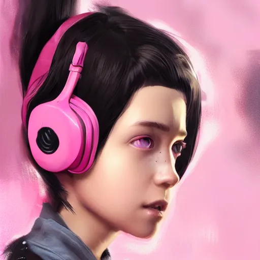 Prompt: a girl with pink and black hair wearing earmuffs and with bionic eyes, digital art, 8 k resolution, unreal engine, highly detailed, very detailed eyes, photorealistic by wlop, greg rutkowski