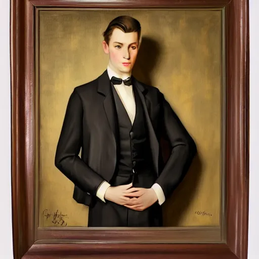 Prompt: young pale Donal Glison, dressed in formal suit, cinematic lighting, highly detailed, digital art, Renaissance painting, framed, by Leyendecker, by Rutkowsky,
