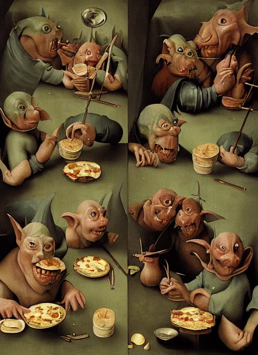 Image similar to medieval goblin eating cakes painted by hieronymus bosch, detailed digital art, trending on Artstation