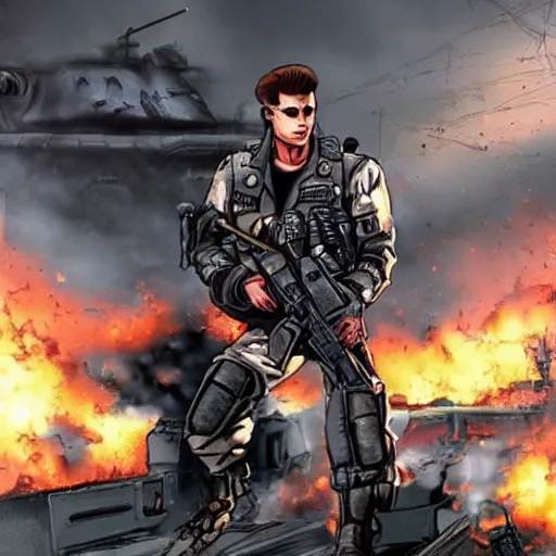 Image similar to Terminator T800 fighting in Ukraine against Russian forces, anime style