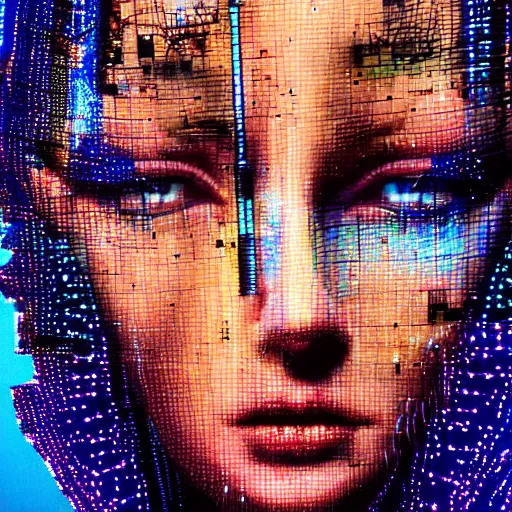 Prompt: woman cyborg, led display on forehead, wires, glitched, pixel sorting, mimmo rotella, alan bean, john chamberlain, peter kemp