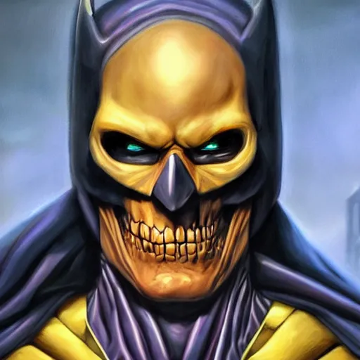 Image similar to ultra realistic portrait painting of skeletor as batman, art by mark taylor, 4 k, ultra realistic, highly detailed, epic lighting