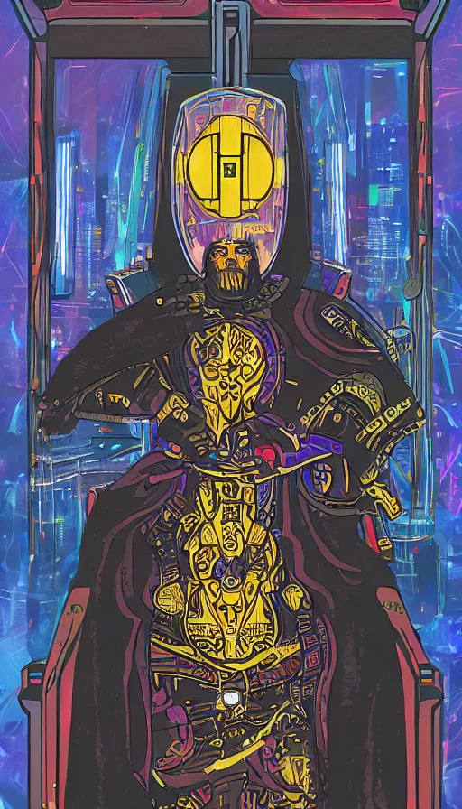 Prompt: a tarot card of the emperor, cyberpunk themed art, concept art