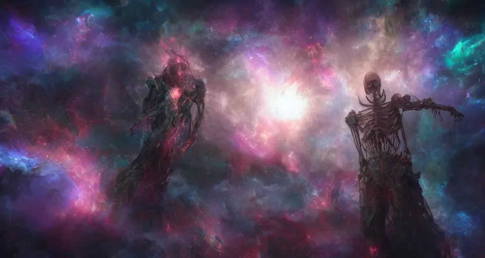 Image similar to a photo of one enormous humanoid pearlescent!! made of smoke!! skeletal cosmic!! old god!! floating in space!! in a nebula!!!!, 4 k, unreal engine, concept art, matte painting, cosmic horror!!, nightmare, color accents,