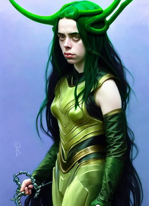 Image similar to Billie Eilish as Female Loki, very detailed, digital art, trending on artstation, concept art, smooth, illustration, art by artgerm and greg rutkowski and alphonse mucha and Edmund Blair Leighton and Katsuhiro Otomo and Geof Darrow and Phil hale and Ashley wood