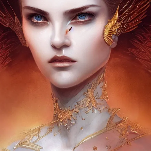 Image similar to angel of glory, sharp face, cinematic lighting, glowing golden eyes, hyper-detailed, cgsociety, 8k, high resolution, in the style of Charlie Bowater, Tom Bagshaw, single face, symmetrical, headshot photograph, insanely detailed and intricate, beautiful, elegant, watercolor, cinematic, portrait, Raphaelite, headroom, artstation