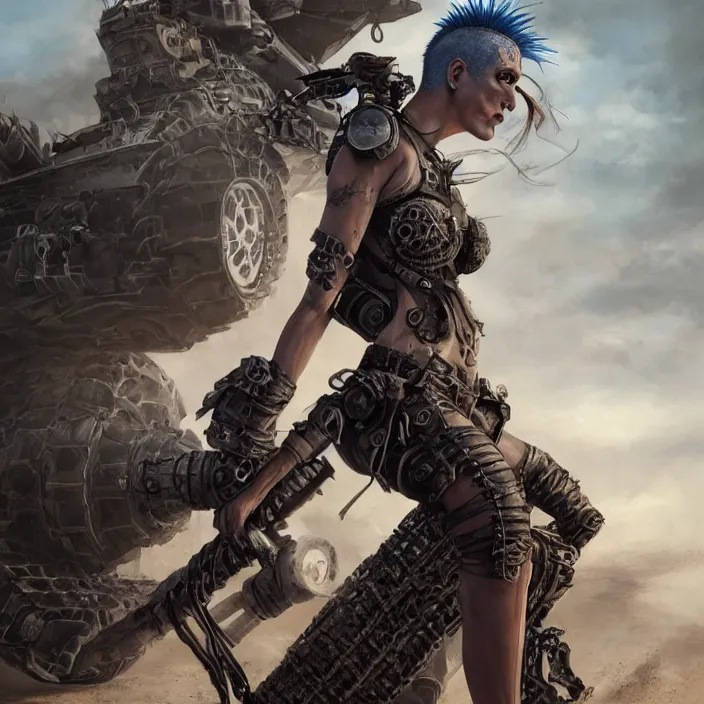 Image similar to beautiful apocalyptic woman with Mohawk, standing on mad max panzer tank, hyper-detailed, smooth, sharp focus, 4k ultra hd, fantasy dark art, tank girl, artgerm, artstation, octane render, elegant, detailed digital painting, apocalyptic art