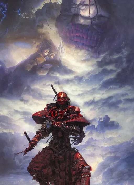 Prompt: portrait of a diabolical cyborg clown samurai armed with ion launcher, torn cape, dynamic pose, glowing eyes, ancient ruins, glowing veins subsurface scattering, in clouds, sunset, portrait, by gerald brom, by mikhail vrubel, by peter elson, muted colors, extreme detail, reflections, trending on artstation, 8 k