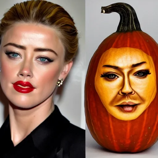 Image similar to a [ gourd ] carved shaped to look like ( amber heard face ) hybrid intercross