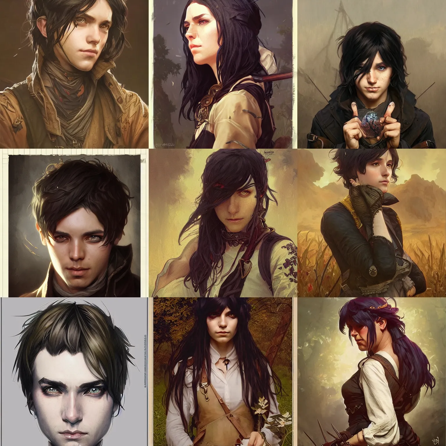 Prompt: emo farmer, D&D, fantasy, character portrait, headshot, highly detailed, art by artgerm and greg rutkowski and alphonse mucha