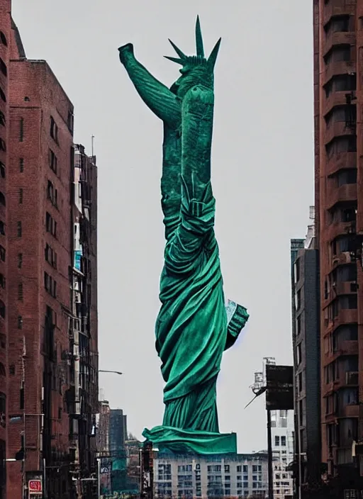 Image similar to giant monster walking between buildings, and it has the angry face of the statue of liberty