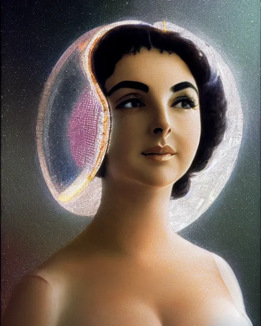 Image similar to centered portrait of soulful young elizabeth taylor as a solarpunk mecha humanoid robotic parts wearing crystal visor with bright led lights, real human face, pudica gesture bouguereau style, in white room, ultra - realistic and intricate, soft portrait shot 8 k