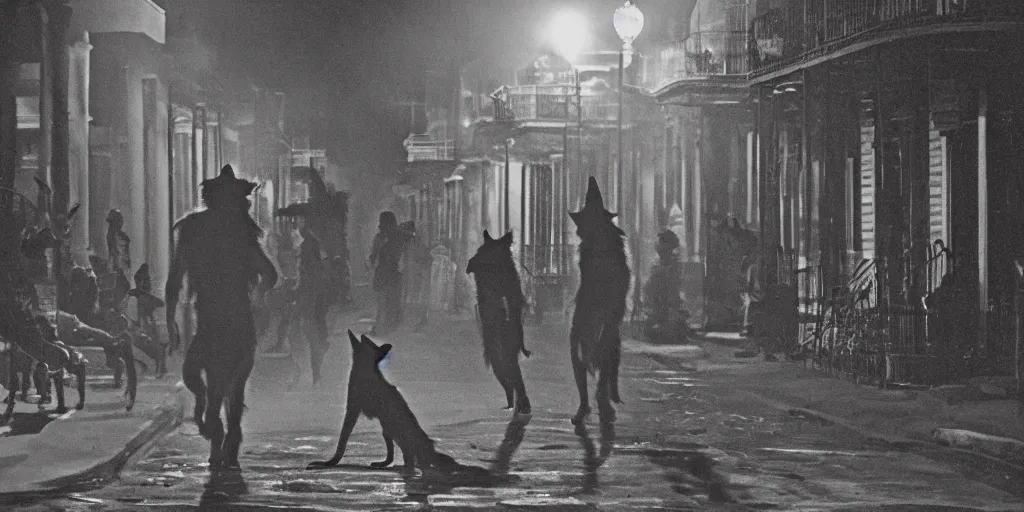 Prompt: a werewolf loose on the gaslit streets of New Orleans at night