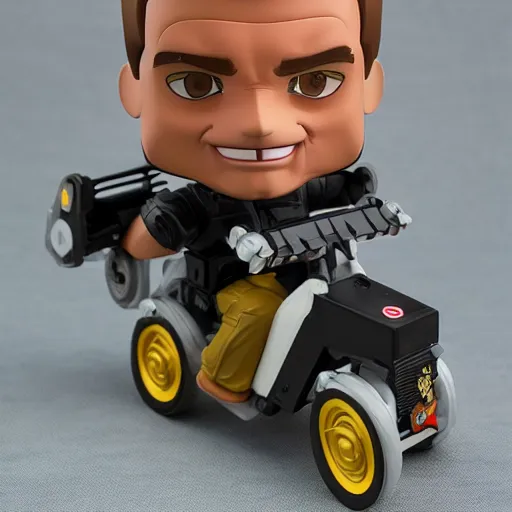 Image similar to arnold schwarzenegger as nendoroid driving atoy tank, kodak film