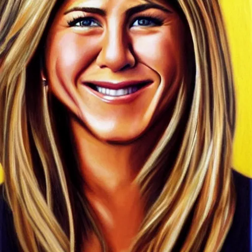 Prompt: Jennifer Aniston oil painting, she smiles.