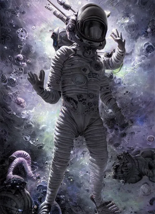 Image similar to astronauts in dark void underwater - complex and hyperdetailed technical suit. reflection and dispersion materials. rays and dispersion of light. volumetric light. f / 3 2. noise film photo. flash photography. ultra realistic, wide angle. poster by wayne barlowe, hajime sorayama aaron horkey, craig mullins