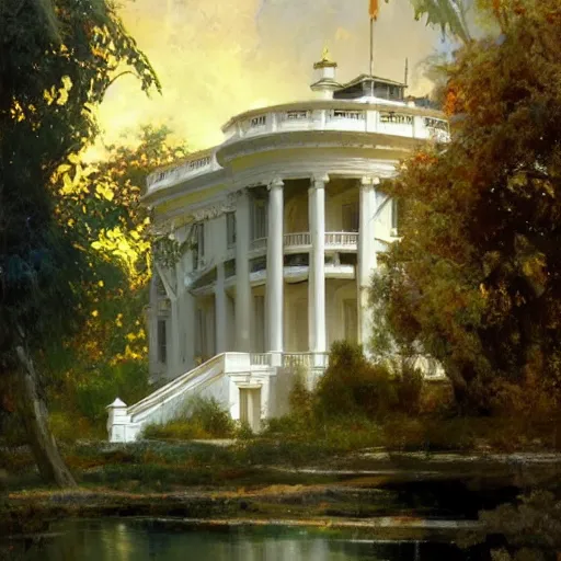 Image similar to detailed cinematic wide shot of the futuristic white house that is existing far in the future where humans evolved to be solarpunk, ultra realistic, spring light, painting by gaston bussiere, craig mullins, j. c. leyendecker