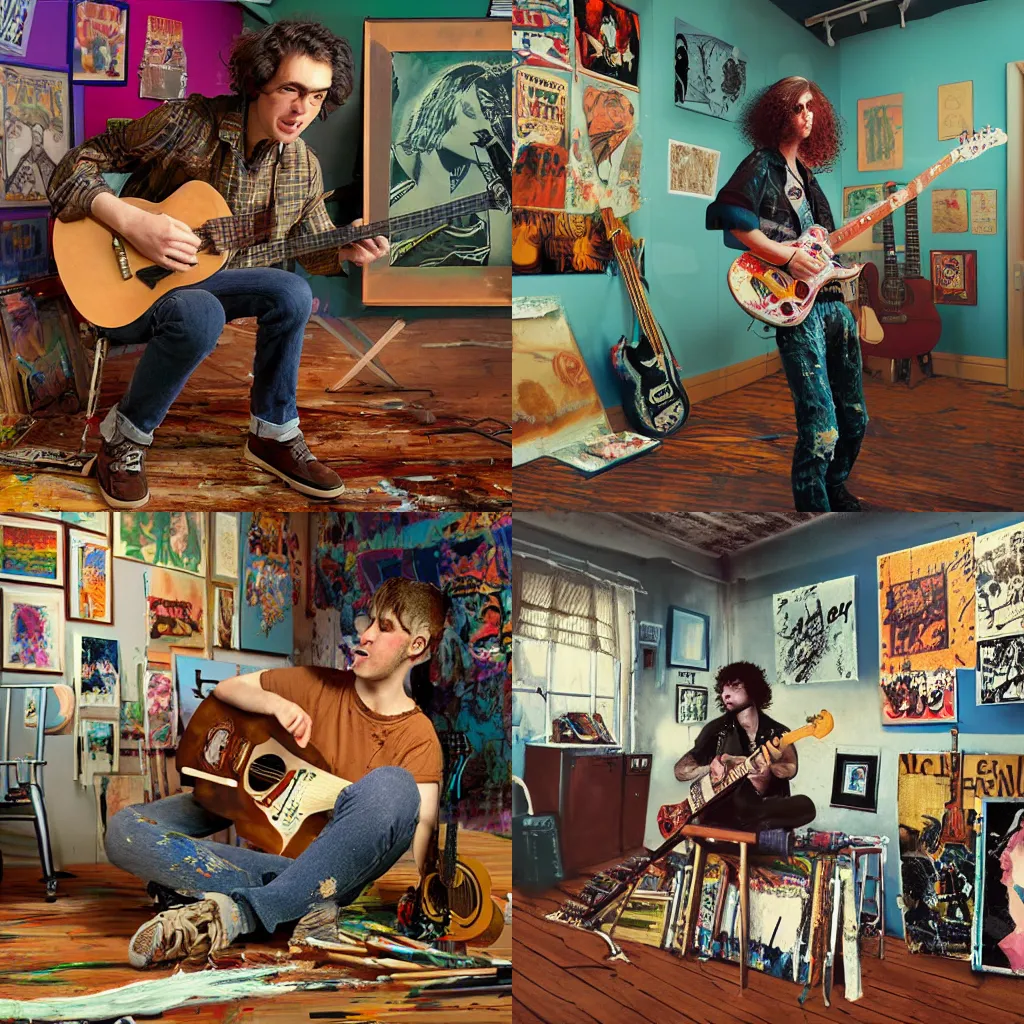 Prompt: pretty punk rock young man mid 20s clean shaven with messy very long curly dark brown hair and a band tee painting in a vintage 80s artist studio interior, old wood floors, musical instruments and band posters, messy maximalist interior, warm, painting by Craig Mullins, octane rendering, soft morning lighting, wide angle lens, low view, in the style of Hayao Miyazaki, trending on artstation,