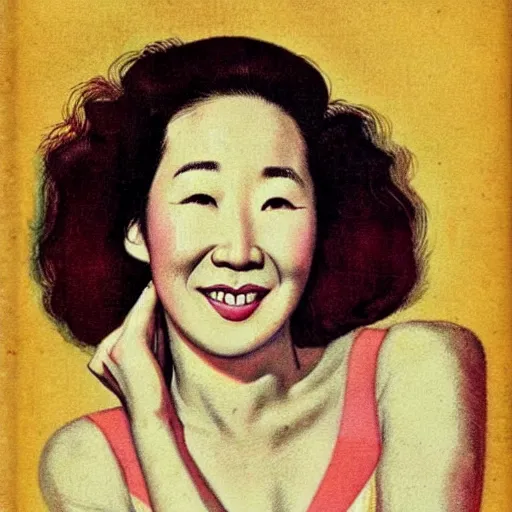 Prompt: “Sandra Oh portrait, color vintage magazine illustration 1950”