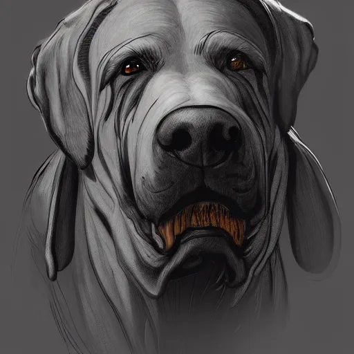 Prompt: big friendly dog with drool on face staying on bottom legs in full height near closed doors with big gate value, concept art, trending on artstation, highly detailed, intricate, sharp focus, digital art, 8 k