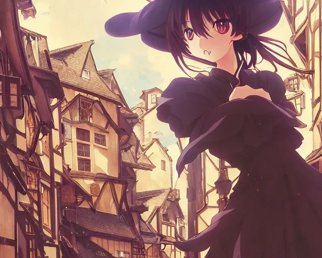 Image similar to kyoani, murata range, key anime visual portrait of a young female witch walking through a busy medieval village, dynamic pose, dynamic perspective, cinematic, dramatic lighting, muted colors, detailed silhouette, textured, anime proportions, alphonse mucha, perfect anime, yoh yoshinari, takashi murakami