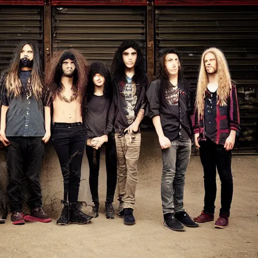 Prompt: group of ethnically diverse 19-year-old boys and girls with long permed wavy hair, stoner rock, traditional heavy metal, heavy rock, band promo image, 2022 HD photograph